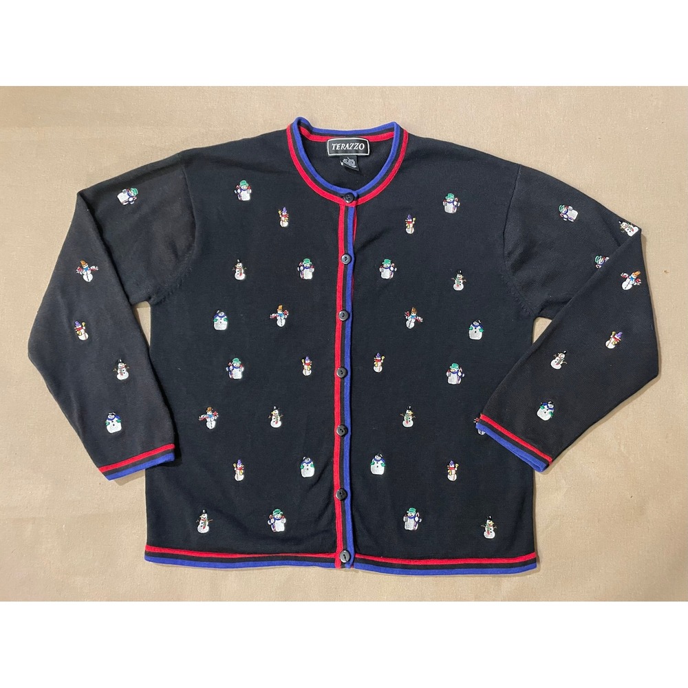 Vintage Y2K Christmas Cardigan Sweater Terazzo Sz L Embroidered Snowmen Seasonal